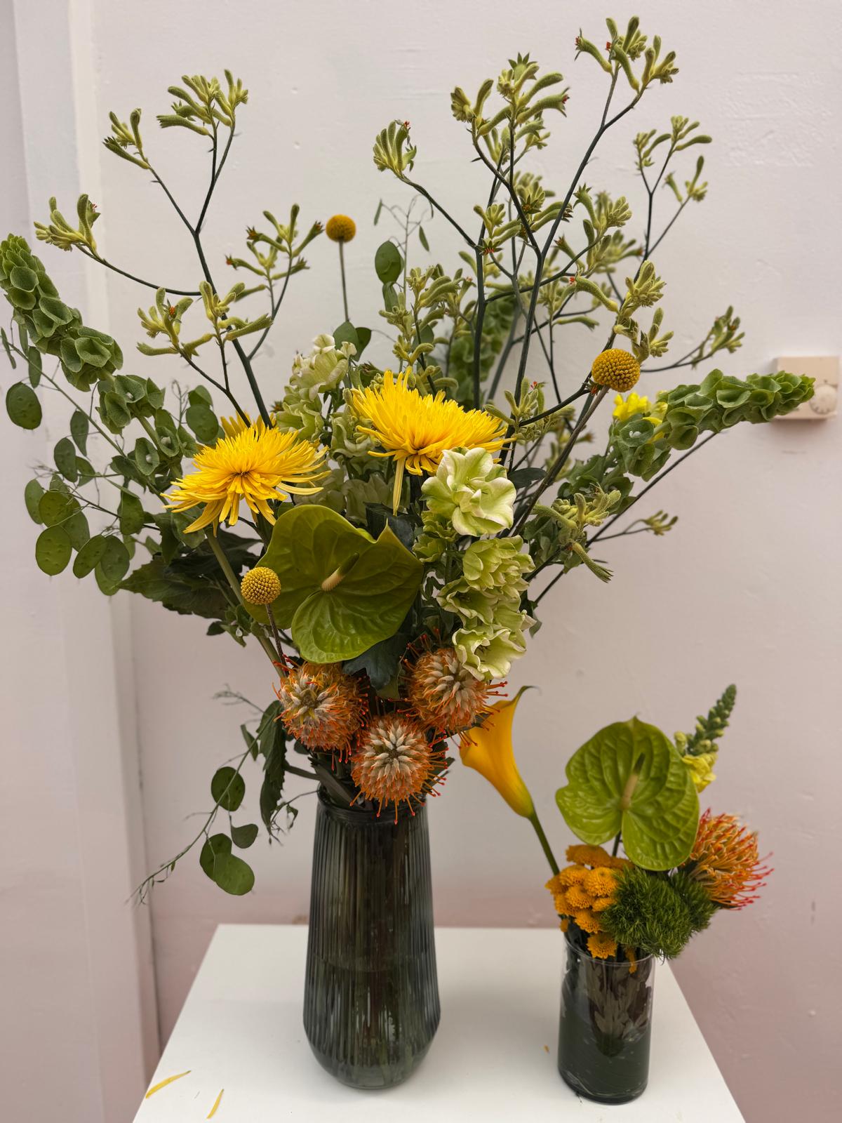 Zwei moderne Blumenarrangements in Glasvasen mit Kängurupfote, Anthurie, Leucospermum und gelber Calla
