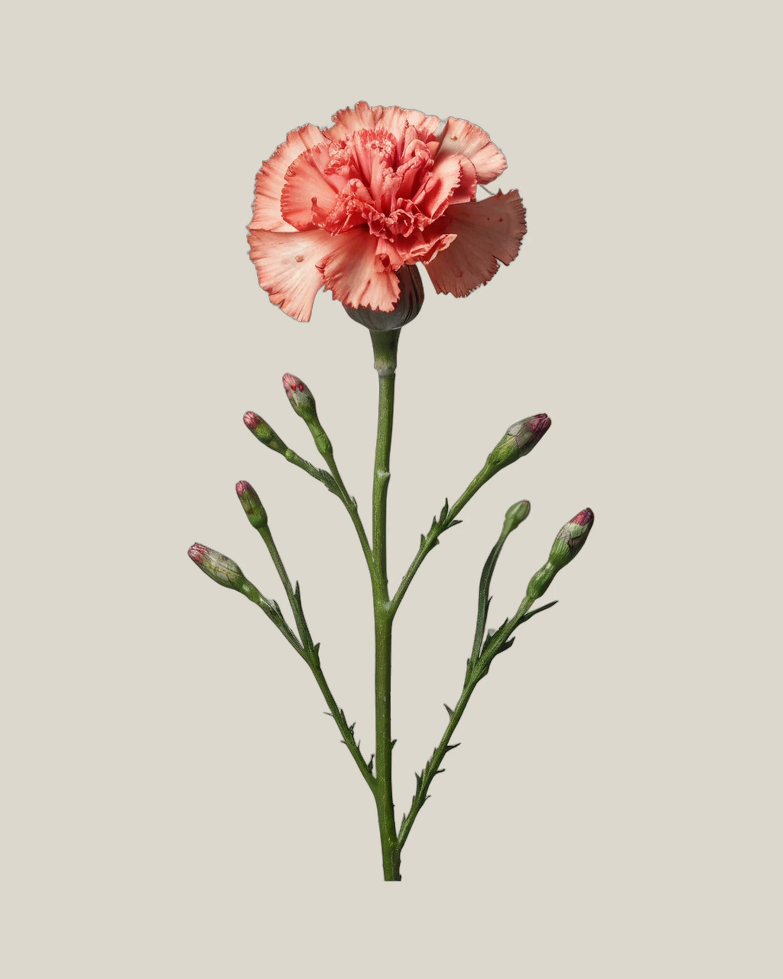 Nelke Coral – Dianthus caryophyllus, freigestellte botanische Studioaufnahme