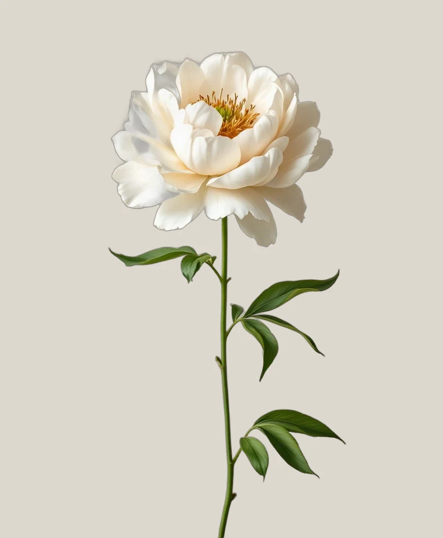 Pfingstrose Weiß – Paeonia lactiflora, freigestellte botanische Studioaufnahme
